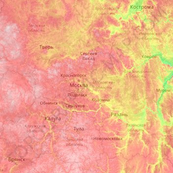 Mapa topográfico Óblast de Moscú, altitud, relieve