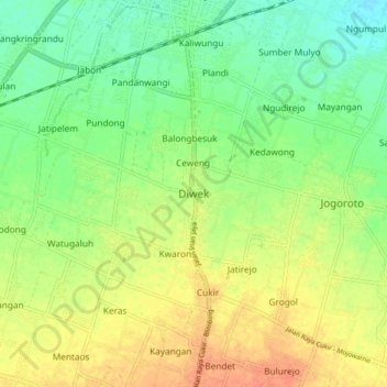 Mapa topográfico Diwek, altitud, relieve
