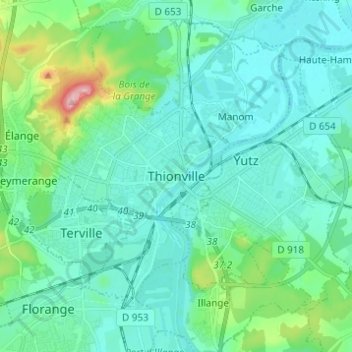 Mapa topográfico Thionville, altitud, relieve