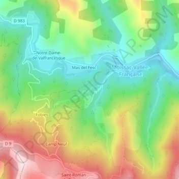 Mapa topográfico Moissac, altitud, relieve