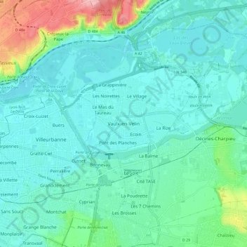 Mapa topográfico Vaulx-en-Velin, altitud, relieve