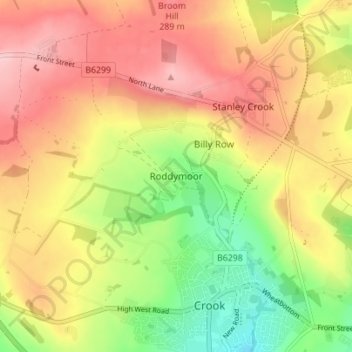 Mapa topográfico Roddymoor, altitud, relieve