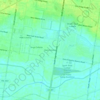 Mapa topográfico Starr Colonia, altitud, relieve