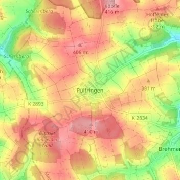 Mapa topográfico Pülfringen, altitud, relieve