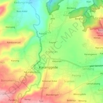 Mapa topográfico Kebonan, altitud, relieve