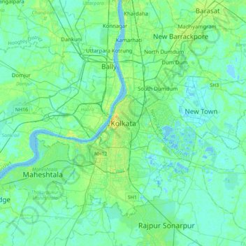 Mapa topográfico Calcutta, altitud, relieve