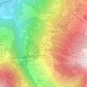 Mapa topográfico Vallandry, altitud, relieve