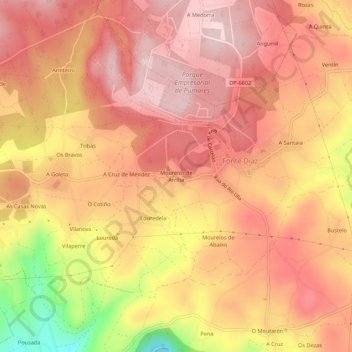 Mapa topográfico Mourelos de Arriba, altitud, relieve