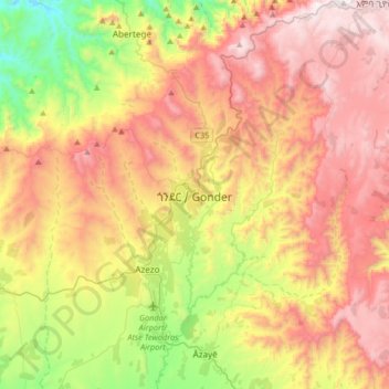 Mapa topográfico Gonder, altitud, relieve