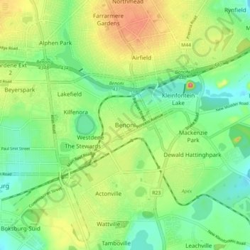 Mapa topográfico Benoni, altitud, relieve