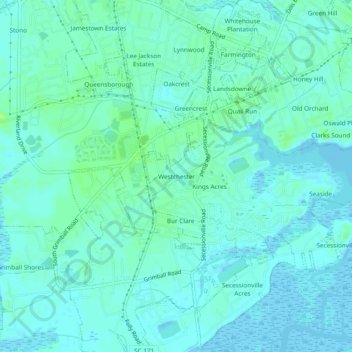 Mapa topográfico Westchester, altitud, relieve