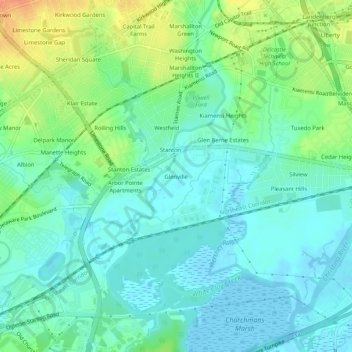 Mapa topográfico Glenville, altitud, relieve