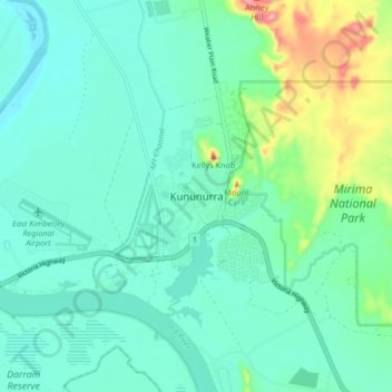Mapa topográfico Kununurra, altitud, relieve