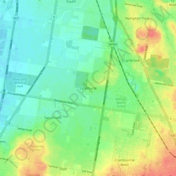 Mapa topográfico Lyndhurst, altitud, relieve