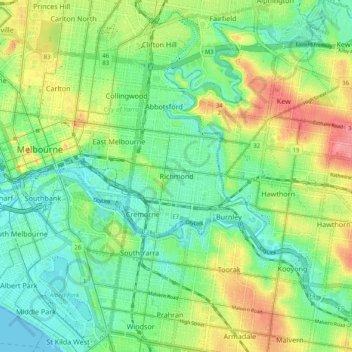 Mapa topográfico Richmond, altitud, relieve