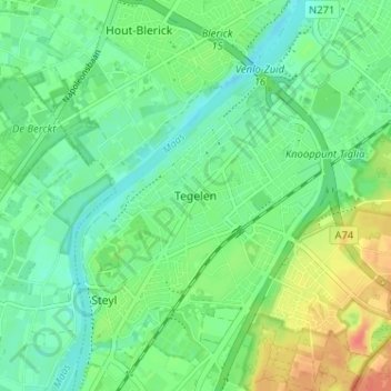 Mapa topográfico Tegelen, altitud, relieve