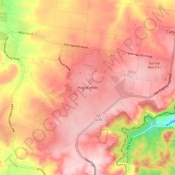 Mapa topográfico Highfields, altitud, relieve