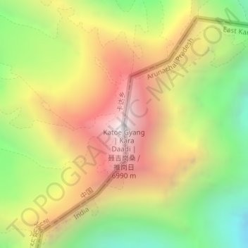 Mapa topográfico Katoe Gyang | Kara Daadi | 聂吉岗桑 / 推岗日, altitud, relieve