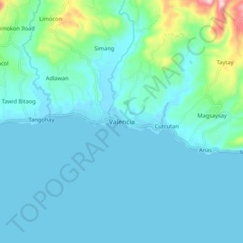 Mapa topográfico Valencia, altitud, relieve