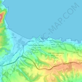 Mapa topográfico Tipaza, altitud, relieve
