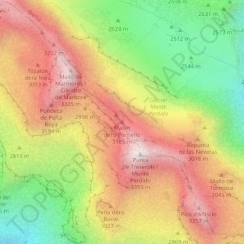 Mapa topográfico Doigt du Mont Perdu, altitud, relieve