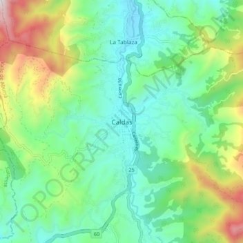 Mapa topográfico Caldas, altitud, relieve