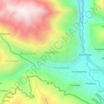 Mapa topográfico Casacancha, altitud, relieve