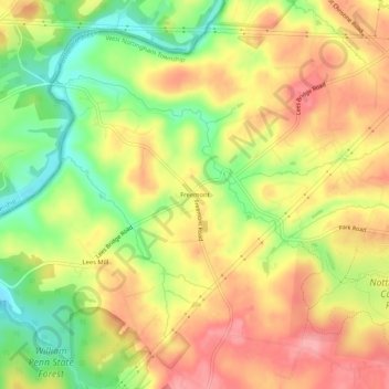 Mapa topográfico Freemont, altitud, relieve