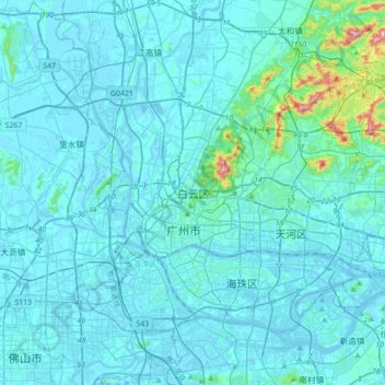 Mapa topográfico Guangzhou City, altitud, relieve