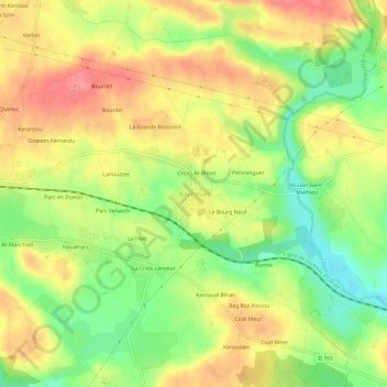 Mapa topográfico Kernével, altitud, relieve