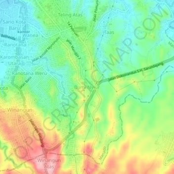 Mapa topográfico Bumi Nyiur, altitud, relieve