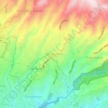 Mapa topográfico Wangunsari, altitud, relieve