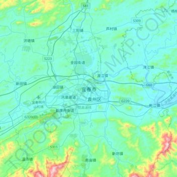 Mapa topográfico Yichun, altitud, relieve