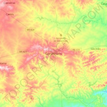 Mapa topográfico Garanhuns, altitud, relieve