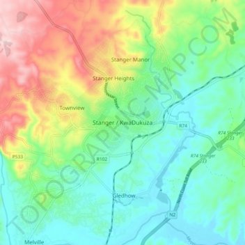 Mapa topográfico Stanger / KwaDukuza, altitud, relieve