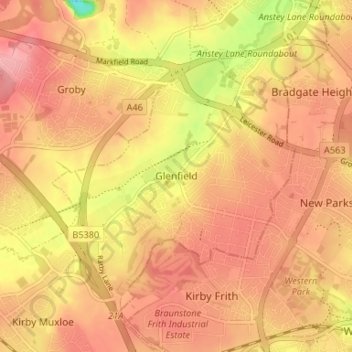 Mapa topográfico Glenfield, altitud, relieve