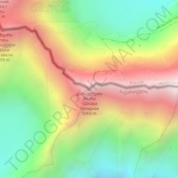 Mapa topográfico West Shkhara, altitud, relieve