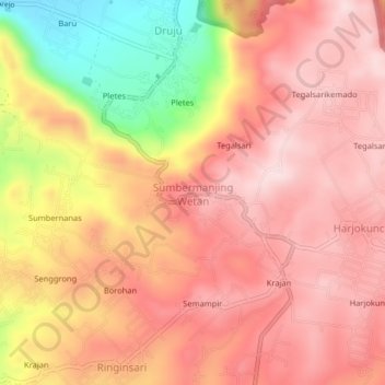 Mapa topográfico Sumbermanjing Wetan, altitud, relieve