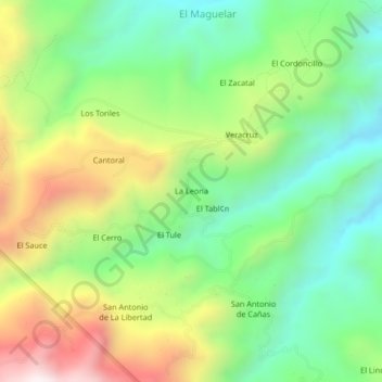 Mapa topográfico La Leona, altitud, relieve