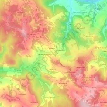 Mapa topográfico Merle, altitud, relieve