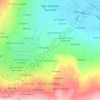 Mapa topográfico Xonacatepec, altitud, relieve