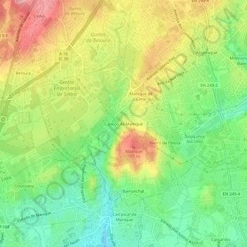 Mapa topográfico Cabeço de Manique, altitud, relieve