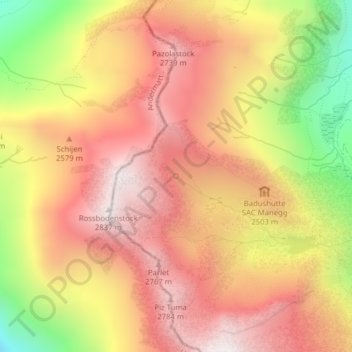 Mapa topográfico Source du Rhin, altitud, relieve