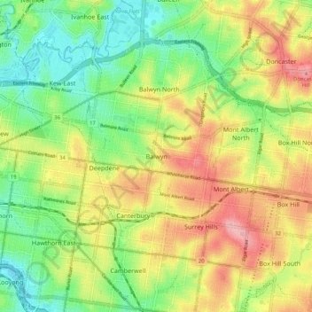 Mapa topográfico Balwyn, altitud, relieve