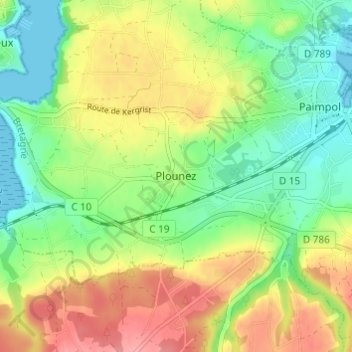Mapa topográfico Plounez, altitud, relieve