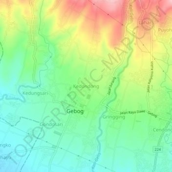 Mapa topográfico Kedondong, altitud, relieve