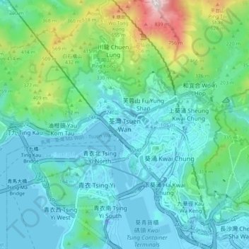 Mapa topográfico Tsuen Wan, altitud, relieve