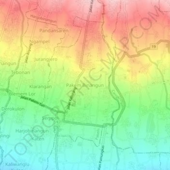 Mapa topográfico Pakem Binangun, altitud, relieve
