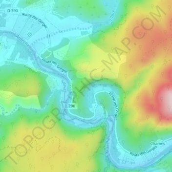 Mapa topográfico Grotte Chauvet, altitud, relieve