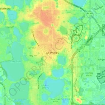 Mapa topográfico Dr. Phillips, altitud, relieve